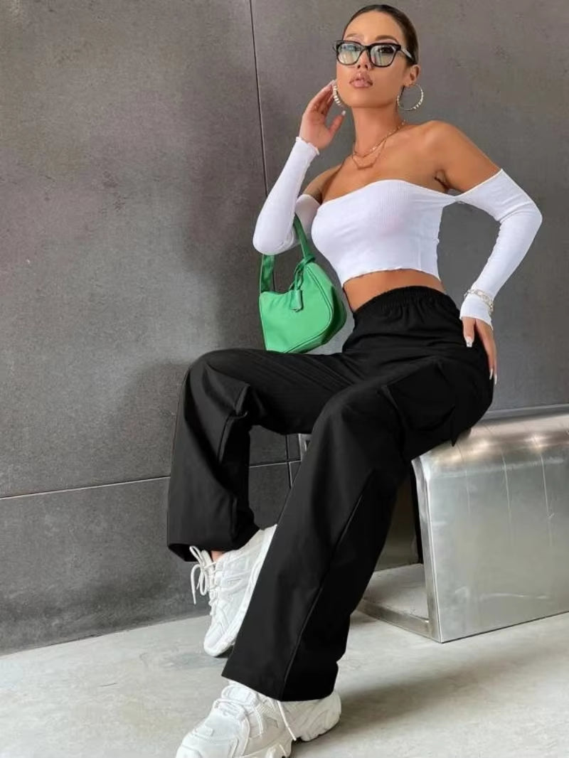 Fashion Women Baggy Joggers Pants Casual Communte Female Chic Straight Cargo Pant Elastic High Waist Elegant Oversized Trousers